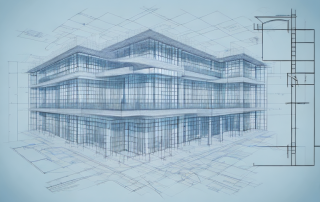 A detailed architectural blueprint with various construction tools around it