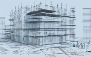 A construction site with various stages of a building project in progress