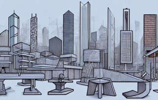 A modern cityscape with various wooden structures like benches