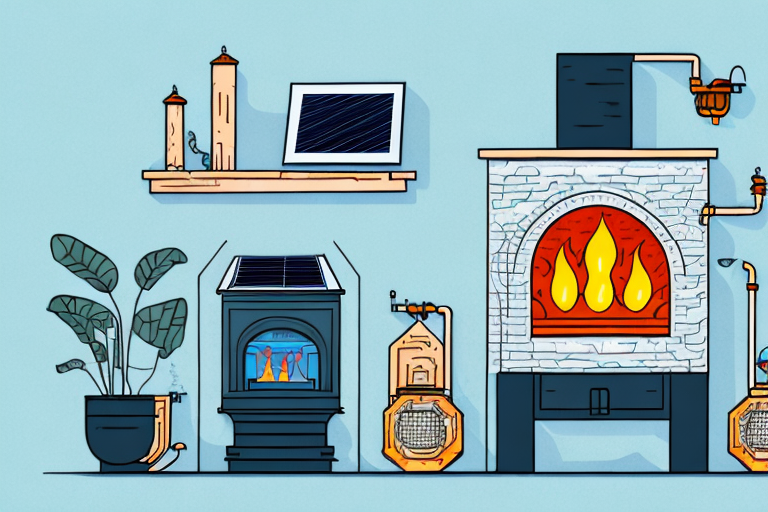 A traditional fireplace and a solar panel