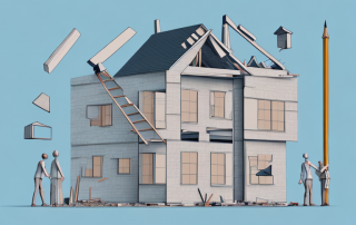 A partially constructed house with various building materials and tools scattered around