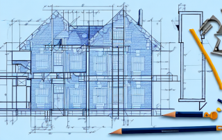 A blueprint of a house with various construction tools like a hammer