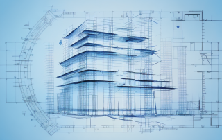 A construction site with a blueprint and a sand hourglass to symbolize planning and time saving in a building project