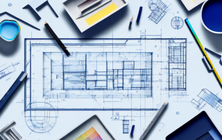 A blueprint spread out on a table with a ruler