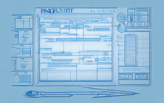 A detailed blueprint with various project planning elements such as a timeline