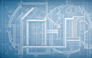 A blueprint with various architectural symbols like doors