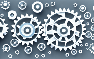 Various stages represented by different sized gears interlocking in a sequential manner