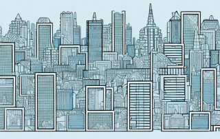 A detailed cityscape with various types of buildings