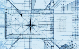 A construction site with various architectural blueprints