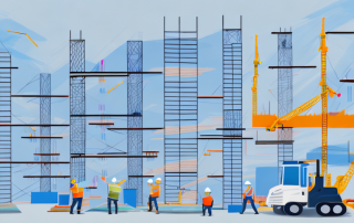 A construction site with various stages of building progress marked by different colors