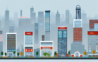 A diverse cityscape showcasing various types of buildings such as a residential apartment