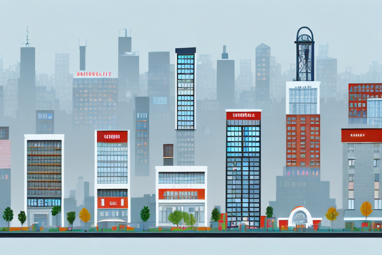 A diverse cityscape showcasing various types of buildings such as a residential apartment