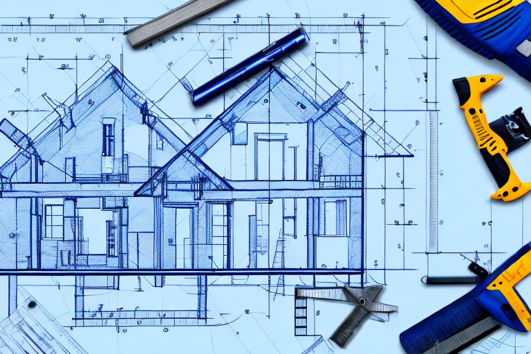 A detailed blueprint of a house with various construction tools like a hammer