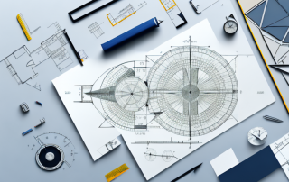 A drafting table with architectural tools like a ruler