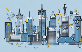 A cityscape with various businesses and public institutions