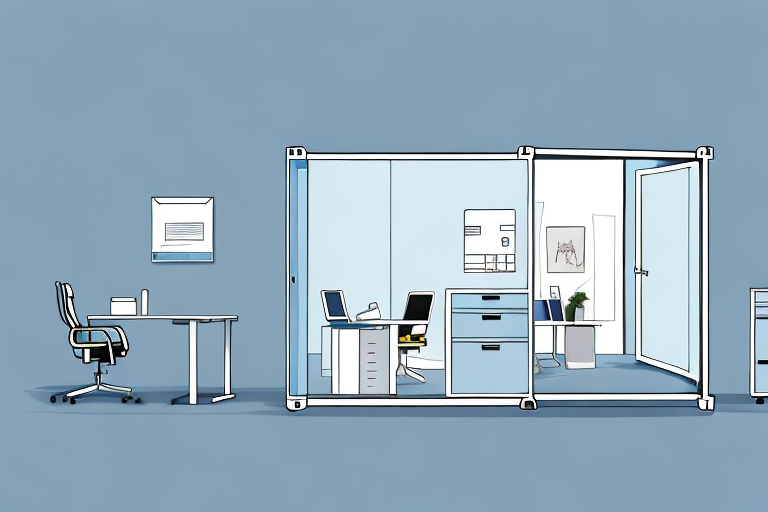 A 10-foot office container with an open door