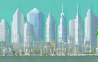 A cityscape with various buildings in different stages of construction