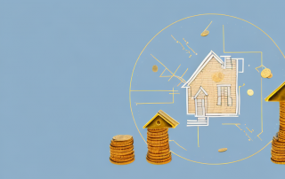 A single-family house under construction with various cost-related symbols like a calculator