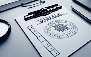 A government building surrounded by symbolic elements like a clipboard with a checklist for procurement