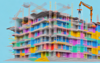 A detailed and colorful construction site of a house with various building materials and tools