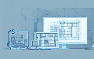 A professional architect's workspace featuring a computer with design software