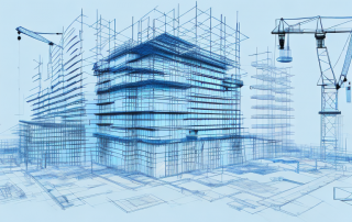 A construction site with various architectural tools