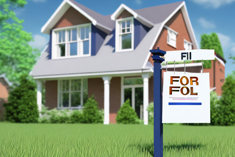 A semi-detached house with a 'for sale' sign in the front yard