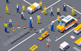 A street maintenance scene with various tools and safety equipment