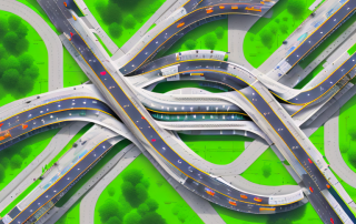 A modern city layout with visible transportation networks like roads