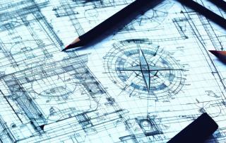 Various drafting tools like a blueprint