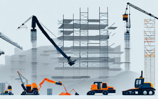 A construction site with various pieces of heavy machinery and different stages of a building under construction