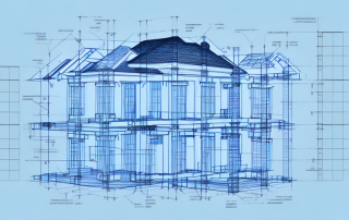 A blueprint of a house under construction with various stages of the building process highlighted