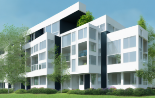 A modern prefab multi-family house with three distinct apartments