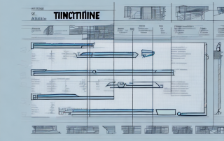A detailed construction timeline chart with various building tools and equipment around it