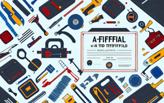 A toolbox with various tiling tools and a master certificate hanging on a wall in the background