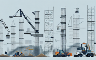 A construction site with various stages of a building being built