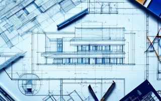A drafting table with architectural blueprints