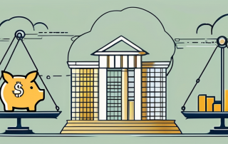 A balance scale with symbols of own resources (like a piggy bank or gold bars) on one side and external funding sources (like bank buildings or credit cards) on the other side