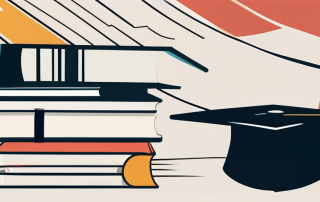 A stack of books next to a graduation cap and a piggy bank