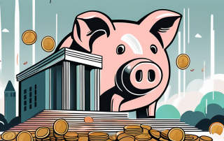 A university building with a large graduation cap floating above it