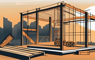 A construction site with various tools and building materials