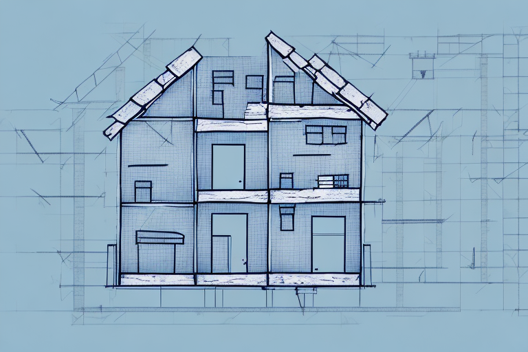 A half-built house with various construction tools around and a piggy bank on a blueprint plan