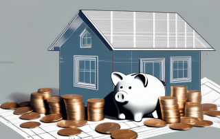 A piggy bank sitting on top of blueprints for a house