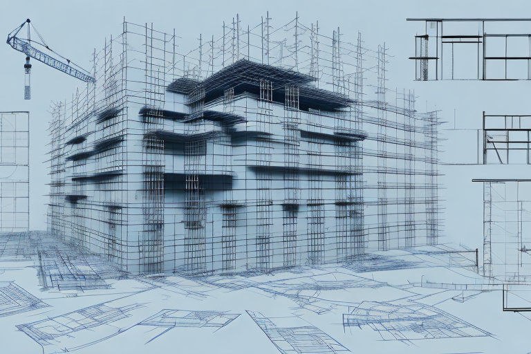 A construction site with various building materials and tools