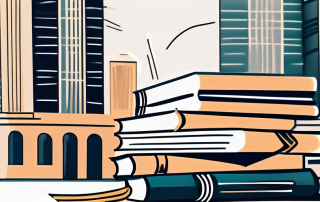 A pile of books next to a graduation cap with a bank building in the background