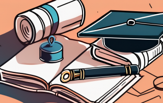 A stack of textbooks beside a graduation cap and diploma