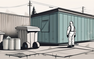 A protective suit and equipment next to an old house with an asbestos roof