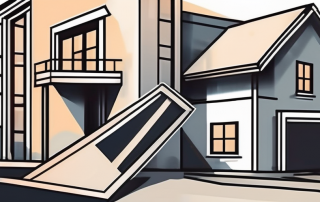 A house under construction with a rising arrow symbolizing the development of interest rates in construction financing