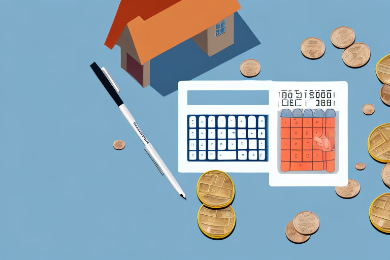 A house under construction with a calculator and a pile of coins next to it