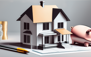 A house under construction with a piggy bank and a contract on a table
